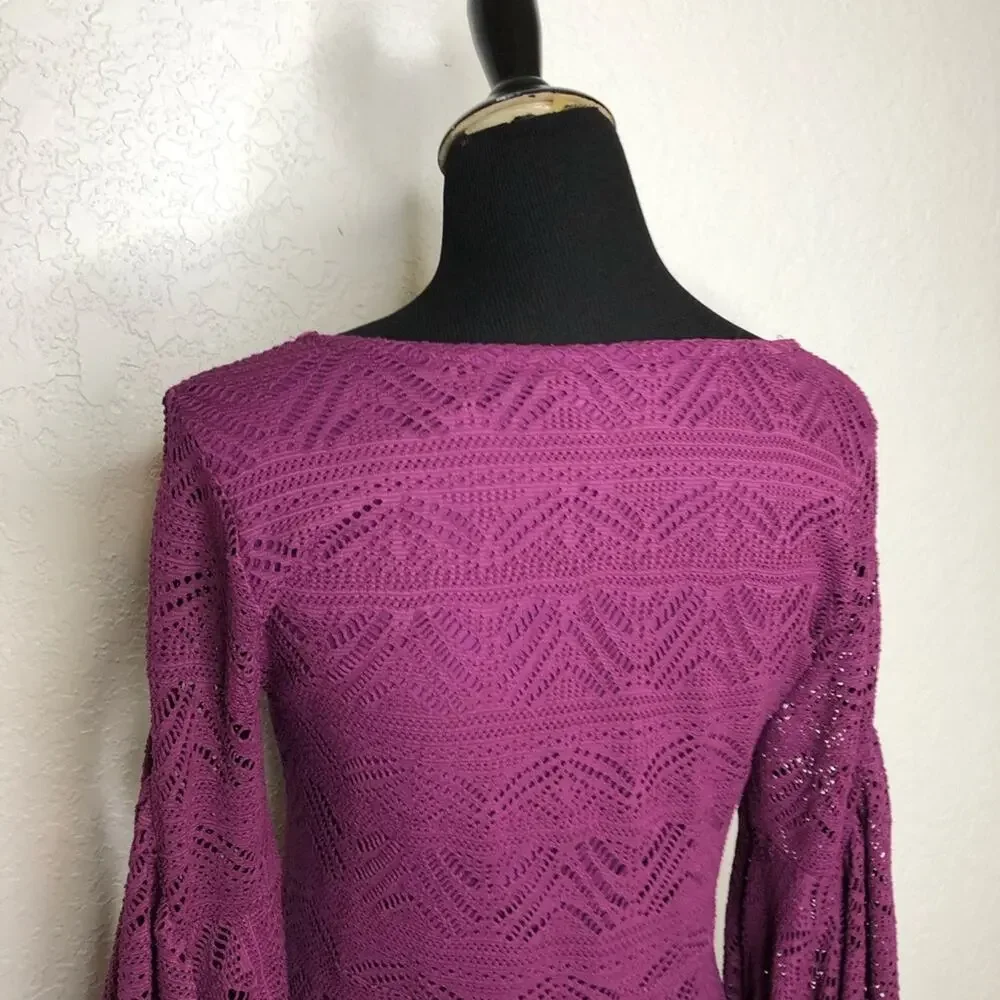 Anthropologie Maeve purple crochet knit overlay balloon sleeve dress Extra Small
